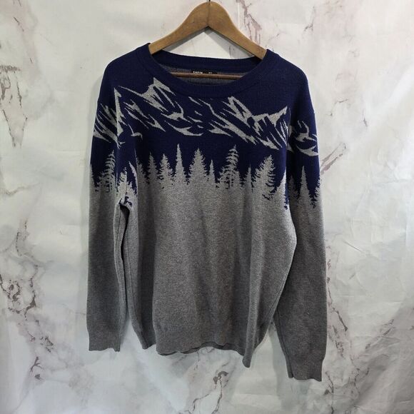 Shein Sweater Mens Large Gray Navy Blue Mountain Tree Ski Nature Winter Crew - Picture 1 of 12